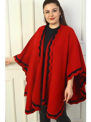 Kadın Lazer Kesi Şeritli Büyük Beden  Akrilk Panço