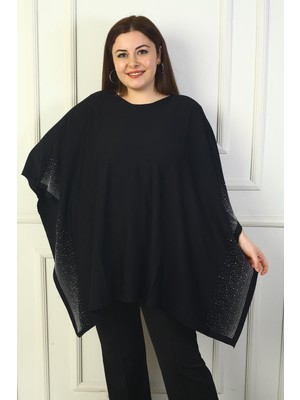 Kadın Yanları Taş Işlemeli Büyük Beden Panço