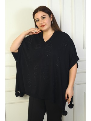 Kadın V Yaka Yanları Düğme Detaylı Önü Yuvarlak Desen Taş Işlemeli Ponponlu Büyük Beden Panço