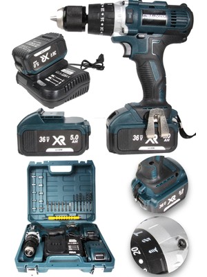 Bulldozer Blueforce Darbeli Akülü Şarjlı Vidalama Matkap 36VR 13MM Metal Mandren Çift Akülü