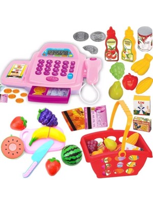 Oyuncak Yazar Kasa Pilli Sesli Barkod Okuyuculu + Market Sepeti + Kesilebilen Meyve Sebze Set