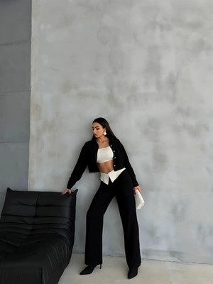 Defy Moda Keten Gömlek-Crop-Salaş Pantolon Takım - Siyah