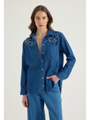 Taş Süslemeli Denim Gömlek