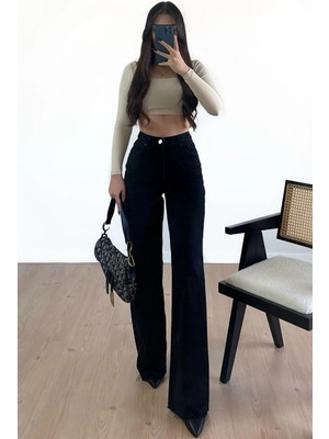 Christian 90's Siyah Palazzo Salaş Paça Süper Yüksek Bel Jean Pantolon