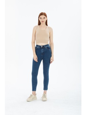Mavi Yüksek Bel Toparlayıcı Dar Paça Skinny Power Likralı Kot Pantalon