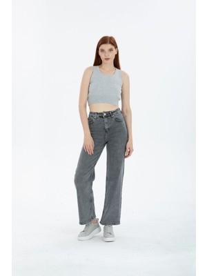 Kar Yıkama Kar Gri Likralı Süper Yüksek Bel Wide Leg Salaş Jeans Palazzo Pantolon