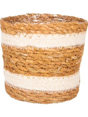 Herdekora Hasır Sepet Beyaz Şeritli Naylon Içli Naturel 12,5X13 Cm.