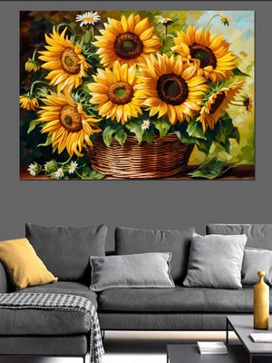 Sepetteki Ay Çiçekleri Dekoratif Kanvas - Mdf Ahşap Tablo