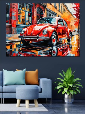 Kırmızı Kaplumbağa Araba Dekoratif Kanvas - Mdf Ahşap Tablo