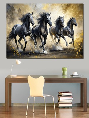 Koşan Siyah Atlar Dekoratif Kanvas - Mdf Ahşap Tablo