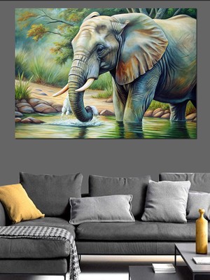 Su Içen Fil Dekoratif Kanvas - Mdf Ahşap Tablo
