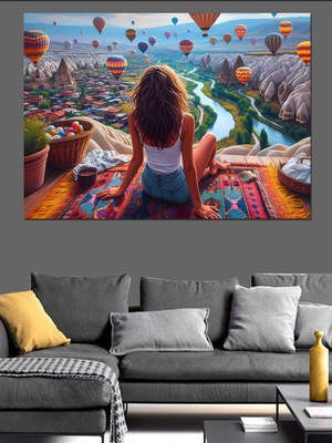 Kapadokyada Balonları Izleyen Kadın Dekoratif Kanvas - Mdf Ahşap Tablo