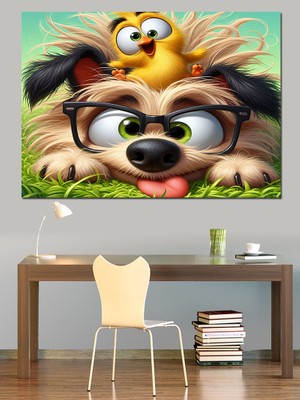 Gözlüklü Köpek ve Kuş Dekoratif Kanvas - Mdf Ahşap Tablo