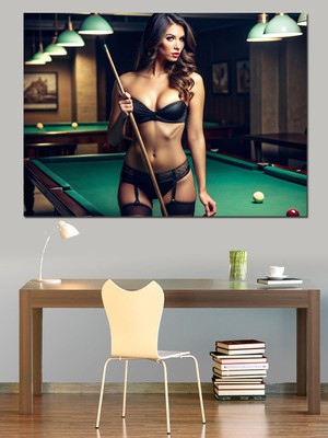 Bilardo Oynayan Jartiyerli Kadın Dekoratif Kanvas - Mdf Ahşap Tablo