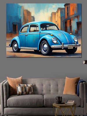 Retro Mavi Kaplumbağa Araba Dekoratif Kanvas - Mdf Ahşap Tablo