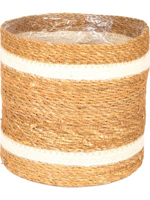 Herdekora Hasır Sepet Beyaz Şeritli Naylon Içli Naturel 26X26 Cm.
