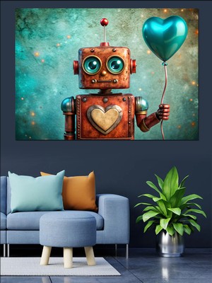 Balon Tutan Sevimli Robot Dekoratif Kanvas - Mdf Ahşap Tablo