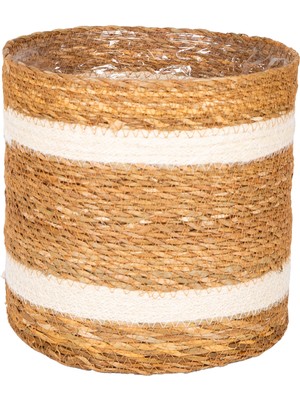 Herdekora Hasır Sepet Beyaz Şeritli Naylon Içli Naturel 24X24 Cm.