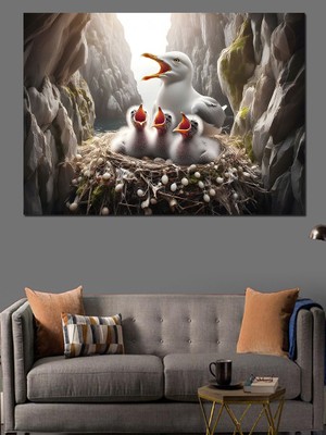 Kuş Yavasındaki Yavru Kuşlar ve Anneleri Dekoratif Kanvas - Mdf Ahşap Tablo