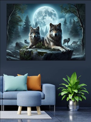 Ormandaki Bozkurtlar ve Dolunay Dekoratif Kanvas - Mdf Ahşap Tablo