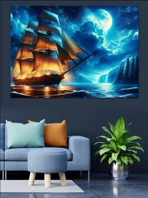 Dev Gemi ve Dolunay Dekoratif Kanvas - Mdf Ahşap Tablo