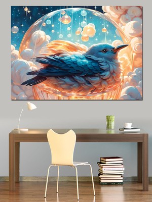Sevimli Kuş ve Bulutlar Dekoratif Kanvas - Mdf Ahşap Tablo