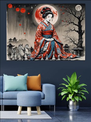 Geyşa ve Satranç Dekoratif Kanvas - Mdf Ahşap Tablo