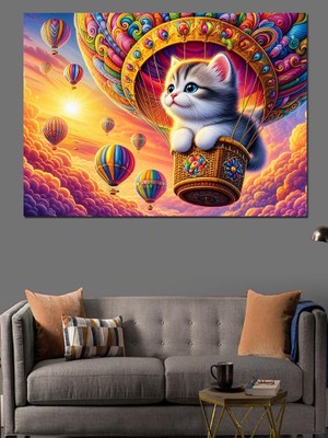 Uçan Balona Binen Sevimli Kedi Dekoratif Kanvas - Mdf Ahşap Tablo