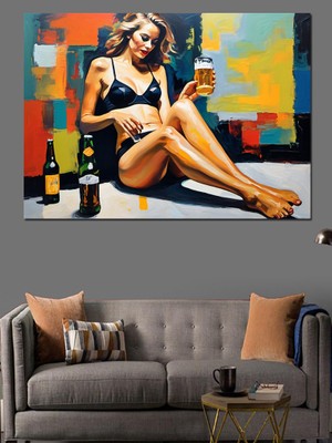 Bira Içen Nü Kadın Dekoratif Kanvas - Mdf Ahşap Tablo