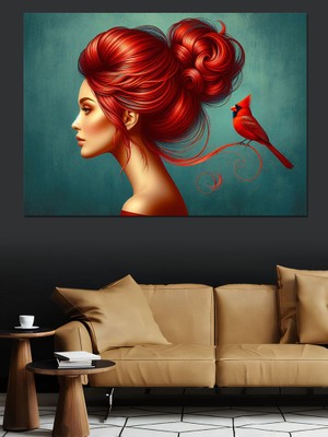 Kırmızı Saçlı Kadın ve Kuş Dekoratif Kanvas - Mdf Ahşap Tablo