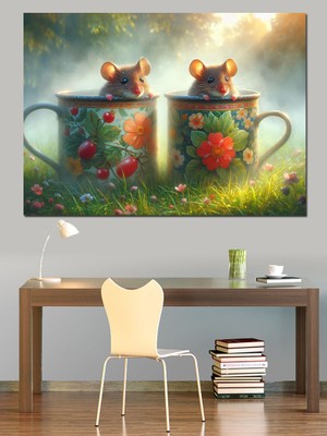 Çay Fincanında Fareler Dekoratif Kanvas - Mdf Ahşap Tablo