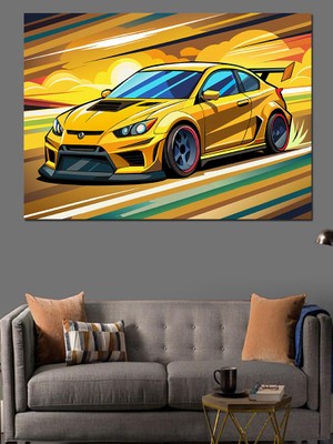 Yere Basık Sarı Spor Araba Dekoratif Kanvas - Mdf Ahşap Tablo