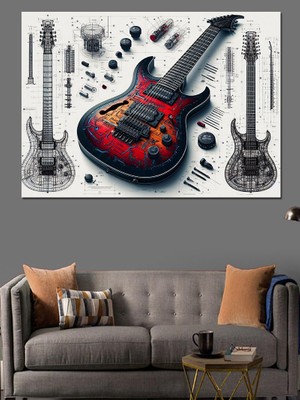 Elektro Gitar Çizimi Dekoratif Kanvas - Mdf Ahşap Tablo
