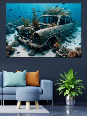 Denizin Altındaki Hurda Araba  Dekoratif Kanvas - Mdf Ahşap Tablo