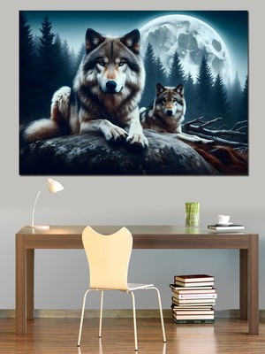 Ormandaki Bozkurtlar ve Dolunay Dekoratif Kanvas - Mdf Ahşap Tablo