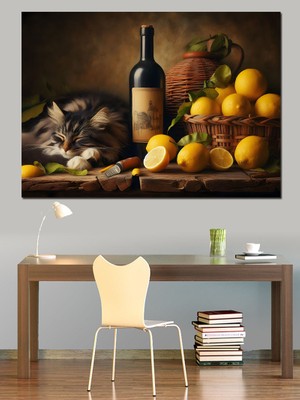 Uyuyan Kedi ve Şarap  Dekoratif Kanvas - Mdf Ahşap Tablo