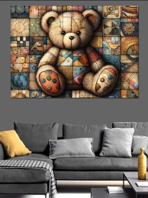 Peluş Ayı ve Desenler Dekoratif Kanvas - Mdf Ahşap Tablo