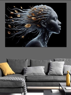 Saçları Yapraklı Kadın Dekoratif Kanvas - Mdf Ahşap Tablo