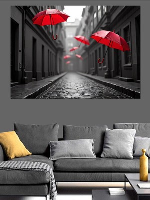 Kırmızı Şemsiyeler Sokakta Dekoratif Kanvas - Mdf Ahşap Tablo