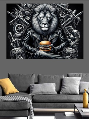 Hamburger Yiyen Kral Aslan Dekoratif Kanvas - Mdf Ahşap Tablo
