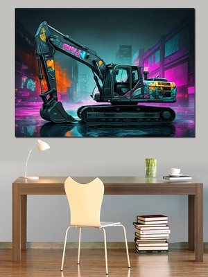 Neon Işıklı Ekskavatör Tasarımı Dekoratif Kanvas - Mdf Ahşap Tablo