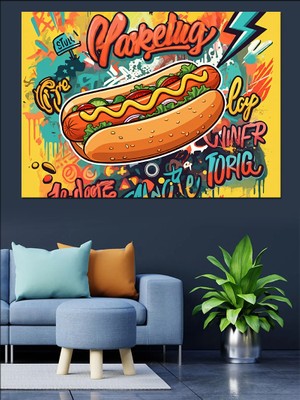 Renkli Sosisli Sandviç Grafiti Dekoratif Kanvas - Mdf Ahşap Tablo