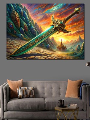 Zemine Saplanan Kılıç Dekoratif Kanvas - Mdf Ahşap Tablo