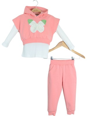 Kapüşonlu Kelebek Nakışlı Kız Çocuk Alt Üst Takım (3-6 Yaş)