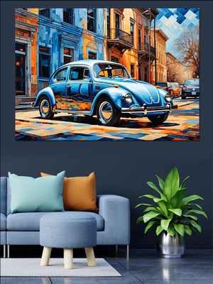 Mavi Retro Kaplumbağa Araba Dekoratif Kanvas - Mdf Ahşap Tablo