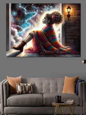 Uzayı Seyreden Kız Dekoratif Kanvas - Mdf Ahşap Tablo