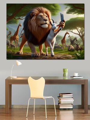Selfie Çekilen Aslan ve Keçi Dekoratif Kanvas - Mdf Ahşap Tablo