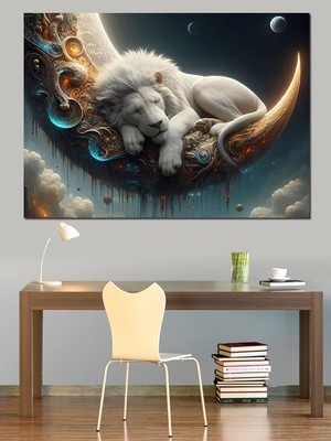 Ayda Uyuyan Aslan Dekoratif Kanvas - Mdf Ahşap Tablo