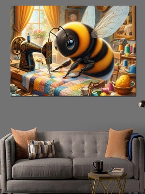Dikiş Yapan Arı Dekoratif Kanvas - Mdf Ahşap Tablo