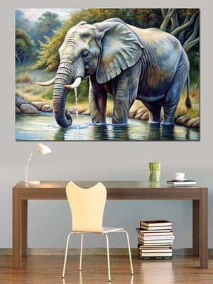 Su Içen Fil Dekoratif Kanvas - Mdf Ahşap Tablo